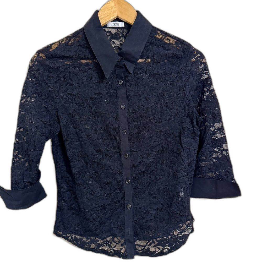 Cache Y2K Black Lace Collared Button Up Blouse 3/4 Sleeve size M Coquette Goth